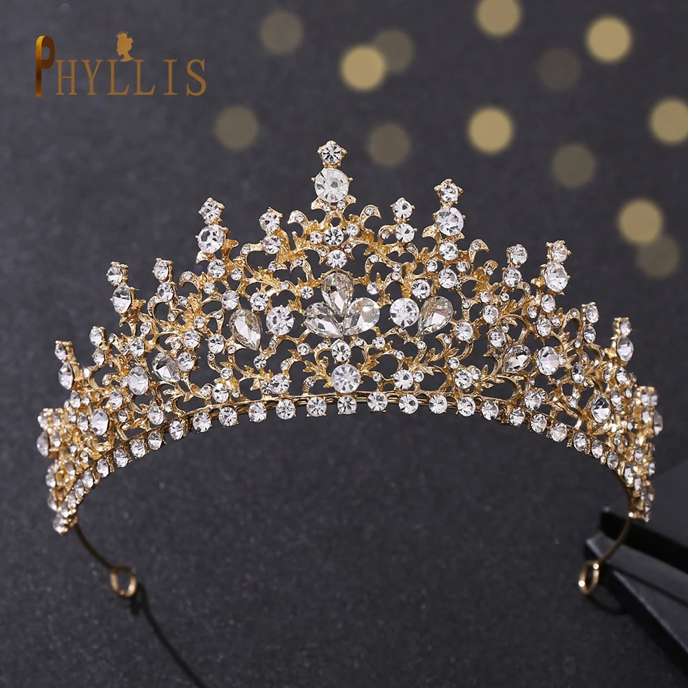 A158 New Golden Bride Crown Princess Headwear Birthday Rhinestone Headband Wedding Hair Jewelry Bridal Tiaras Vintage Headpieces