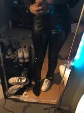 OrangeA de moda de las mujeres pantalones de piel de imitación Y2K pantalones dividir lápiz negro de alta cintura moda de calle elegante Sexy Slim Skinny Clubwear