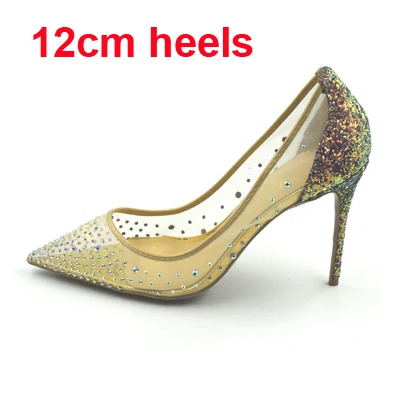 Шикарные женские туфли на высоком каблуке с прозрачным сетчатым верхом; классическая роскошная обувь с закрытым носком; элегантная женская свадебная обувь - Цвет: colorful 12cm