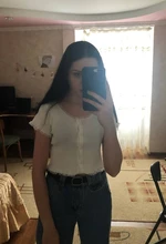 T-Shirt Women Tops Button-Crop-Top Short-Sleeve O-Neck Basic Blue Ruffles Casual Summer