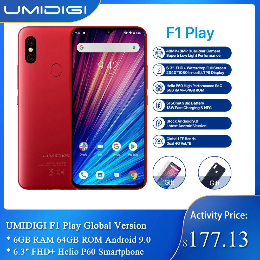 UMIDIGI F1 Play глобальная версия 6 ГБ ОЗУ 64 Гб ПЗУ Android 9 0 48 Мп + 8 16 МП камеры 5150 мАч 3 дюйма