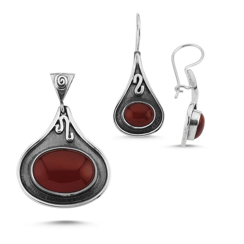 

Silver 925 Sterling Red Agate Stone Handwork Set
