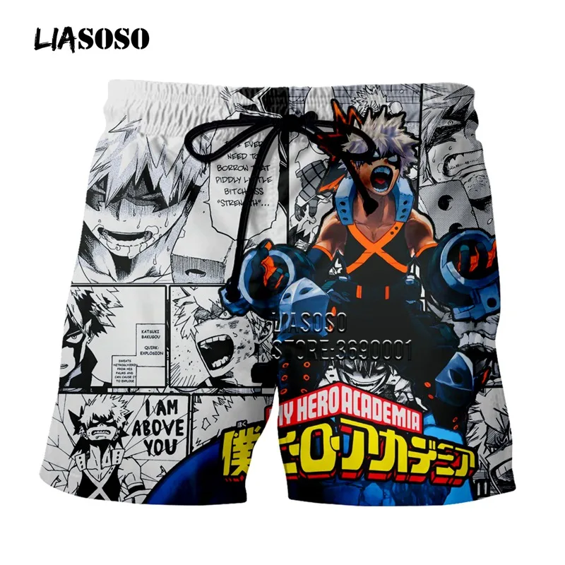 LIASOSO 3D Print Shorts Anime Boku No Hero Academia UBakugo Katsuki Faces Unisex Summer Shorts Beach Shorts For Men G3135