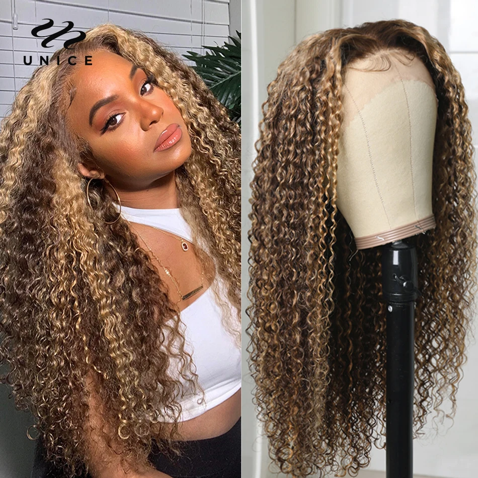 Unice 13x4 Highlight Lace Front Human Hair Wigs 5x5 HD Transparent Lace Frontal Wig Pre-Plucked 4x4 Curly Hair Lace Closure Wig