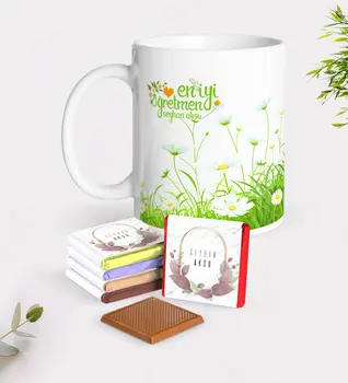 

Personalized Daisy Themed Best Teacher White Mug and Chocolate Gift Seti-6