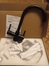 ROVOGO, grúa filtrada de doble mango negro mate para cocina, grifo con filtro de agua de rotación de 360, grifo mezclador de fregadero de cocina de tres vías