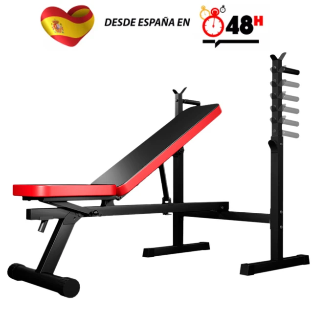 Banco de musculación con soporte para barra de pesas y dips