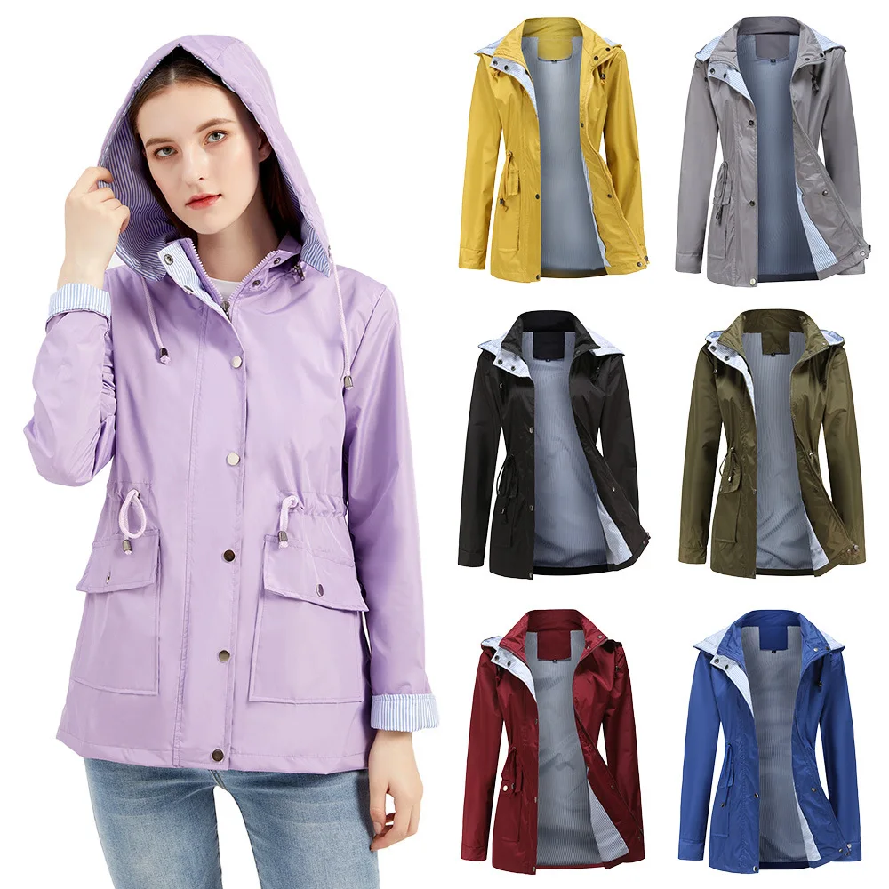 Windbreaker Women European Size Ladies Mid-length Jacket Wind Raincoat Jacket Pocket Zipper Hooded with Detachable Hat Outwear