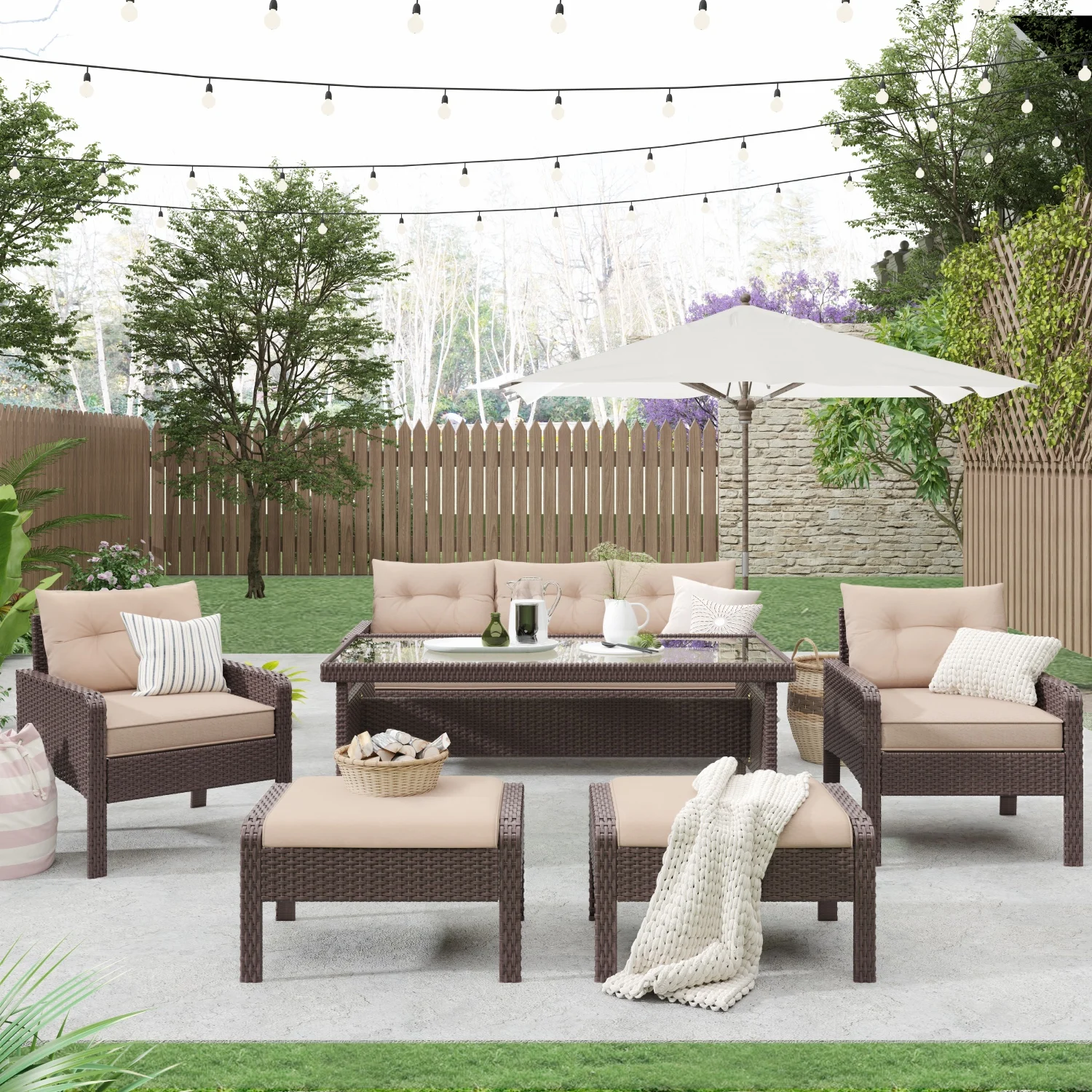 6pcs Outdoor Patio PE Wicker Rattan Sofa Set Dining Table Set with Removable Cushions&Tempered Glass Tea Table