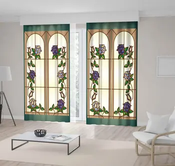 

Curtain Vintage Stained Glass Windows with Roses Flower Garden Branches Leaves Blue Green Teal Beige Art Printed