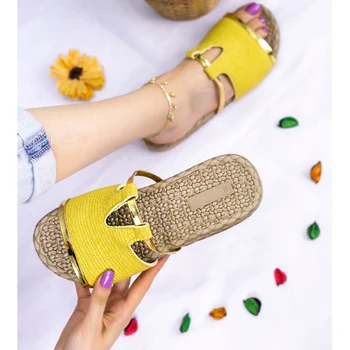 

Blas Mustard Skin Slippers shoes heel dress Air Network flat platform cloth round van leather gel slip-resistant sandals