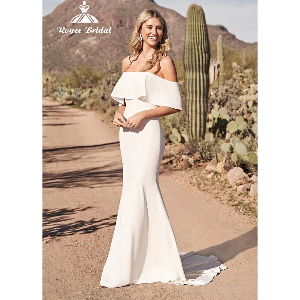 

Mermaid Sleeveless Brush Train Zipper Off the Shoulder Boat Neck Satin Floor-Length Wedding Dresses 2022 Bridal Gowns vestidos