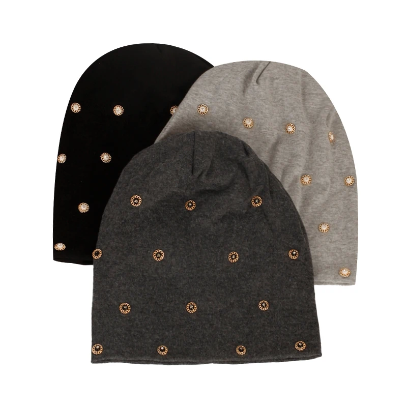 Geebro Women Soft Cotton Hats With Bead Accessories Fashion Baggy Caps Solid Color Warm Adult Outdoor Casual Skullies Beanies 3