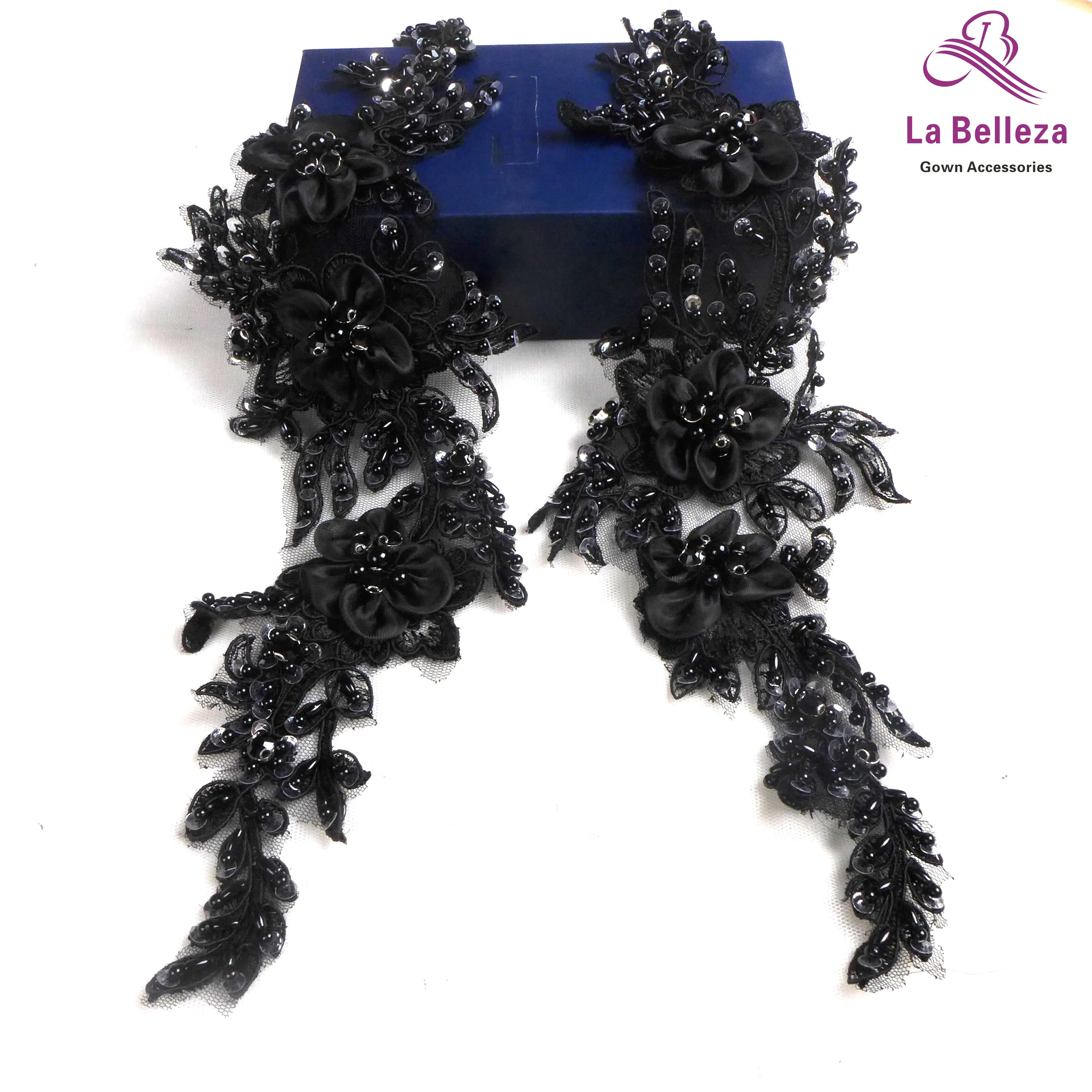 La Belleza 2 шт. черный ручной работы из бисера 3D Цветы Аппликации 40*15 см