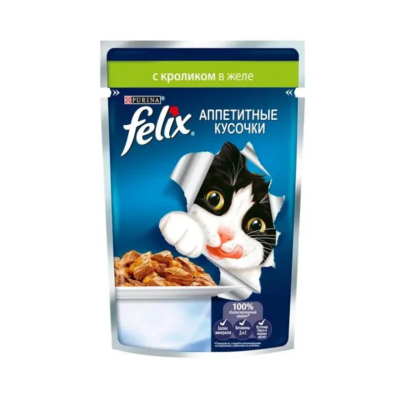 Влажный корм для кошек Felix Аппетитные кусочки с кроликом 24 шт по 85г. | Дом и сад