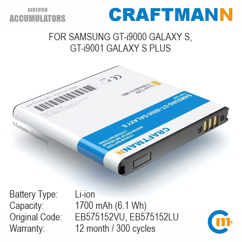 bureau Toestemming silhouet Craftmann Battery 1700mah For Samsung Gt-i9000 Galaxy S, Gt-i9001 Galaxy S  Plus (eb575152vu, Eb575152lu) - Mobile Phone Batteries - AliExpress