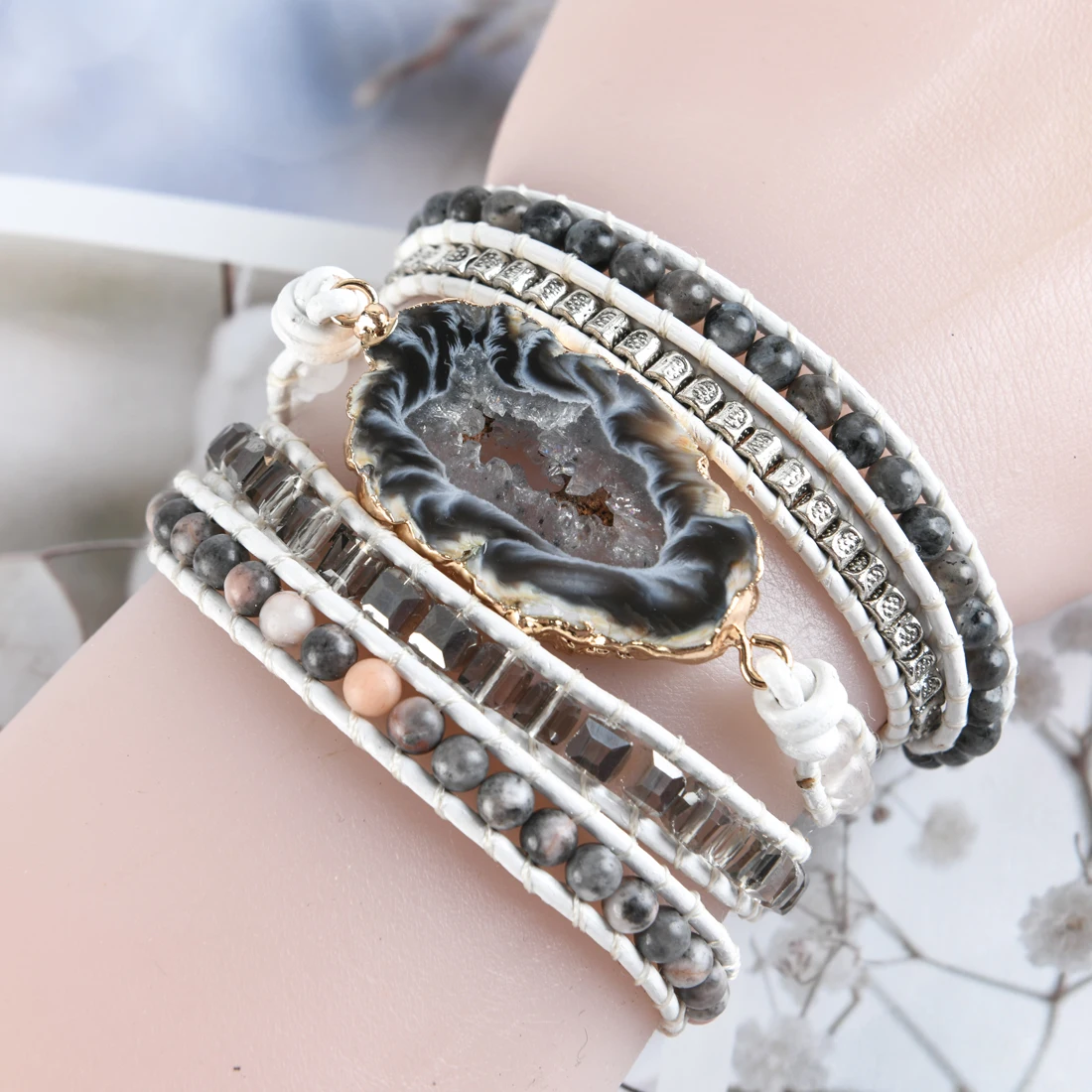 5 schichten Natürliche stein Leder Armband Exquisite Mix Steine Frauen Mode Wrap Armband Boho Armband Schmuck Dropshipping – Detail 3