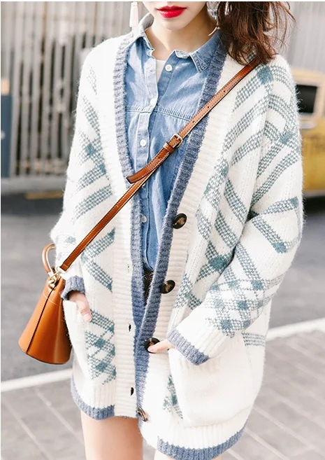 

Obrix Sweet Loose Female Cardigan Knited Spring Autumn Casual Style V-Neck Full Sleeve Pockets Cardigan For Women
