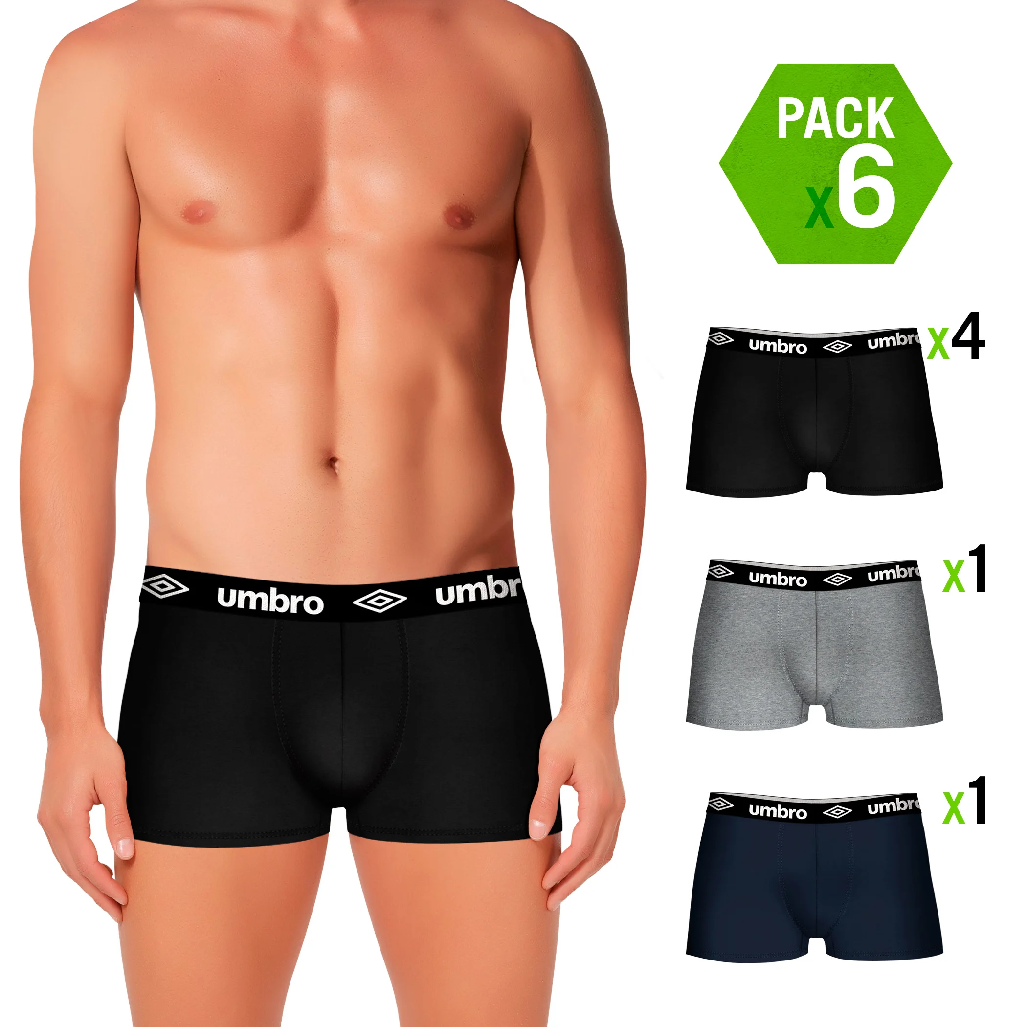 UMBRO боксеры, 6 шт. в упаковке, цвет черный, серый и темно-синий для мужчин