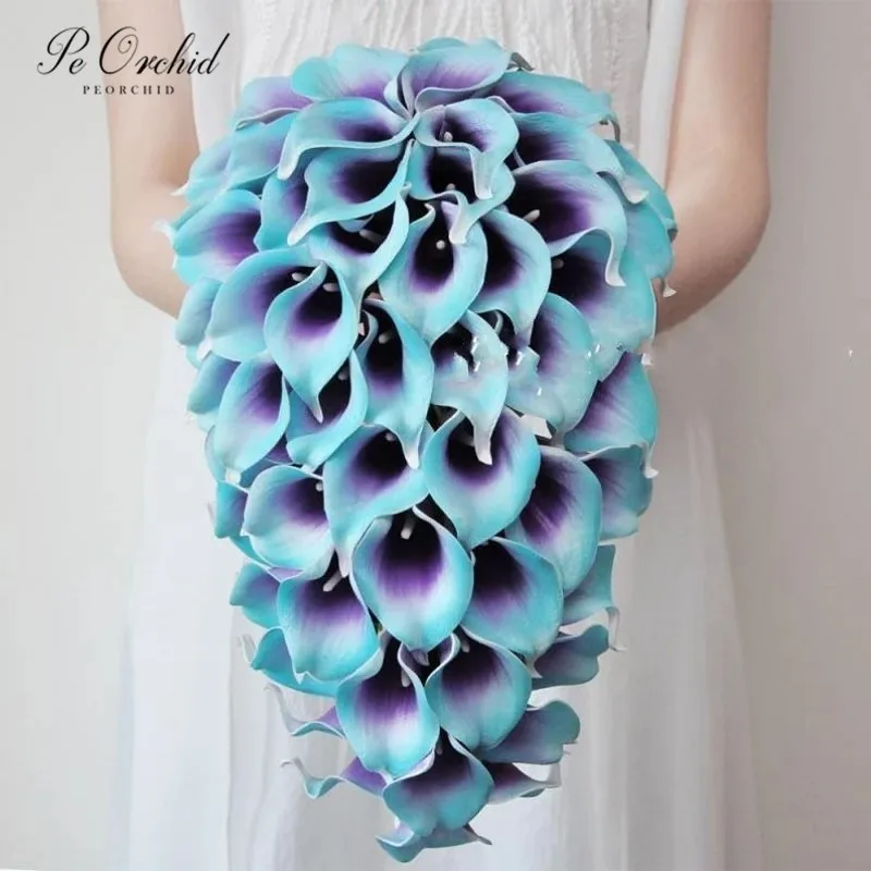 peorchid-カスケードフローのウェディングブーケ紫のターコイズブルー本物のタッチ花嫁介添人のための