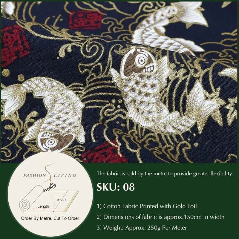Ткань из золотой фольги японский Hokusai Wave Koi Fish белые краны Сакура цветок традиционные комвременные цветочные принты хлопчатобумажная ткань - Цвет: 08
