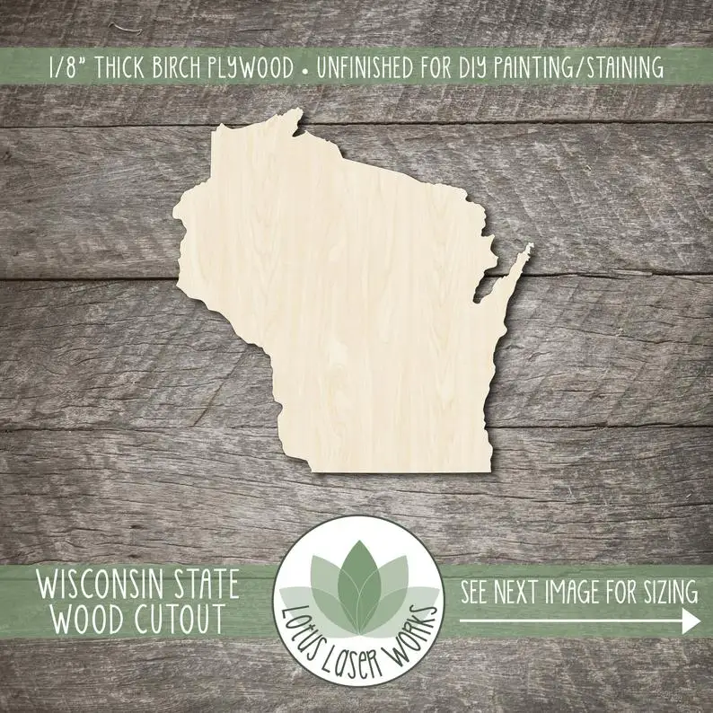 

Wood Wisconsin Cutout, Blank Wood Craft Embellishments, Wooden Wisconsin State Shape, Blank Wood Craft State