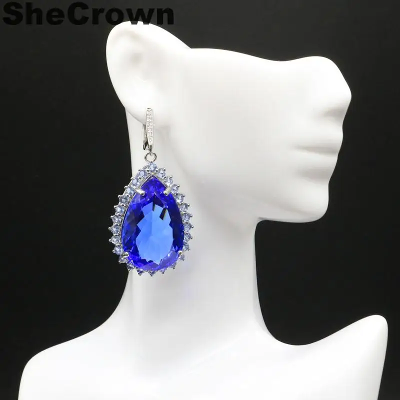

43x27mm Long Big Heavy 27.3g Created Violet Tanzanite Woman's Party European and American models Silver Earrings