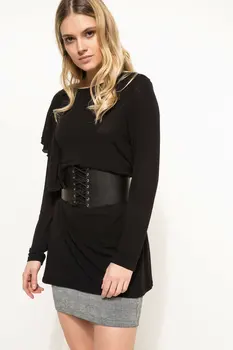 

DeFacto Autumn Woman Fashion Flare Sleeve Pullover Ladies O-neck Black Belts Women's Elegant Long Tops New - I6038AZ18SP