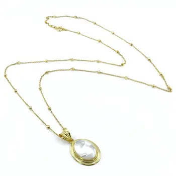 

Gold Plated Pearl Stone Long Ball Chain Green Almond Silver Necklace