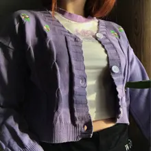 Suéter suelto de punto para mujer, cárdigan de manga farol con cuello en V, bordado Floral, Harajuku para mujer, primavera y otoño