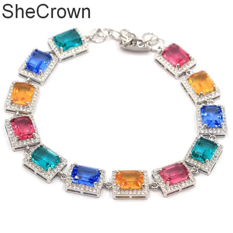 

12x10mm Multi Color Rectangle Aquamarine Tanzanite Citrine Silver Bracelet 7-8.0inch