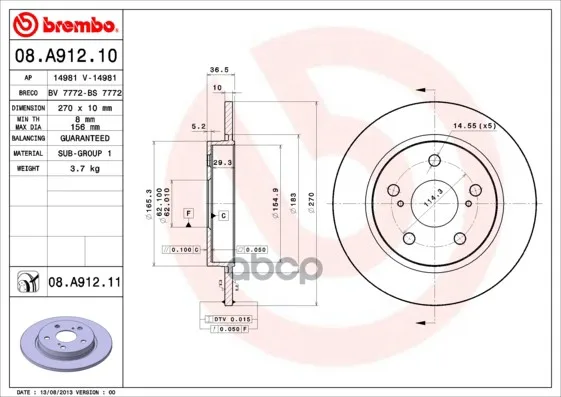 Диск Тормозной Toyota: Altis Седан 07-, Auris 06- Brembo арт. 08.A912.10