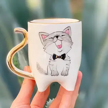 

Cute Cat with Bow Tie Mug 24K Real Gold Detailed Fully Handmade Brush Drawing Custom Painting Stylish Porcelain Coffee Mug