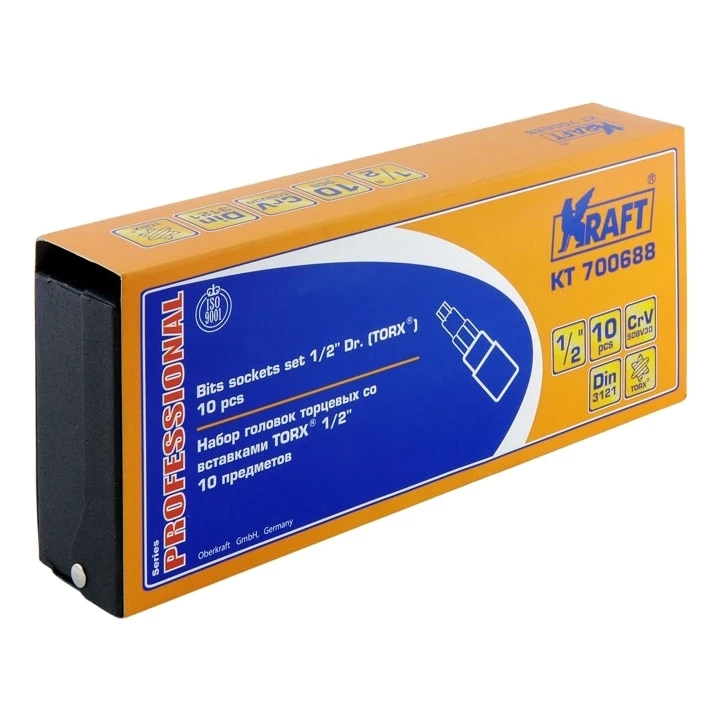Набор бит KRAFT КТ 700688 (Torx 10 предметов) (10 предметов, размер посадки 1/2", TORX T20-T70, хром-ванадиевая сталь)