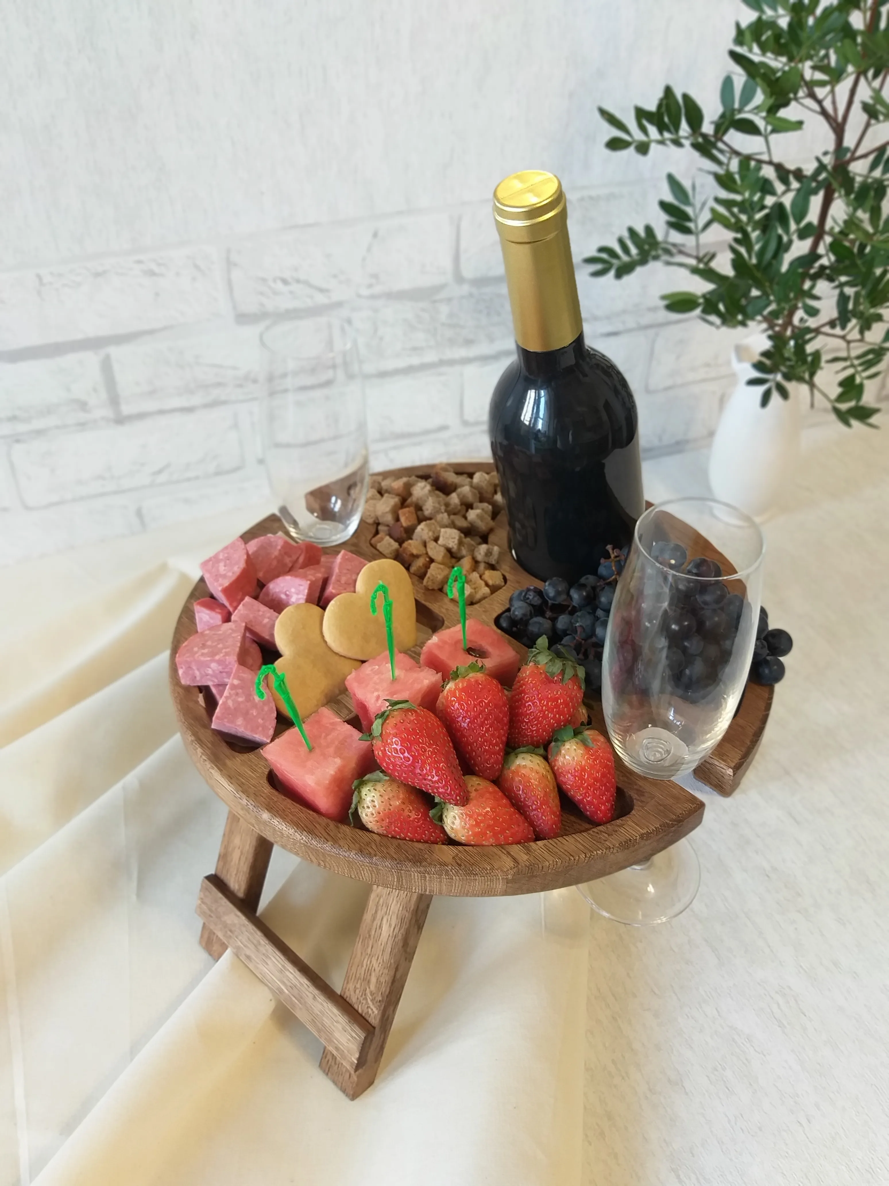 Wine table made of wood for a bottle of wine and glasses for two; folding  round table for breakfast to bed; menazhnica on legs - AliExpress