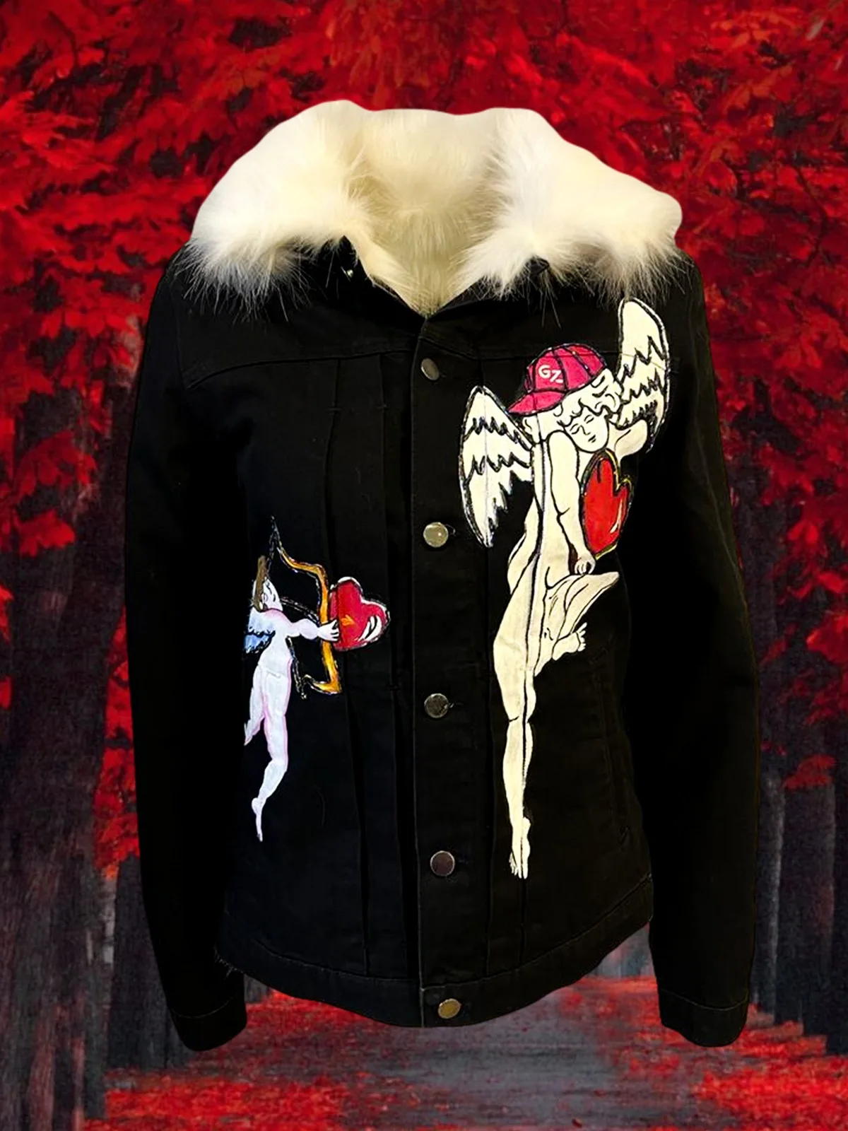 2022 Fashion GZ Design Angel Hand-painted Black Women Jean Jacket With Faux Fur Inside