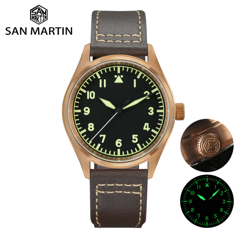 San Martin Bronze Pilot Watch Military YN55A Retro Simple Style Mens Automatic Mechanical Watches Leather Strap 20Bar Luminous | Наручные