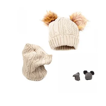 

Neck cap knitted 2 pompoms