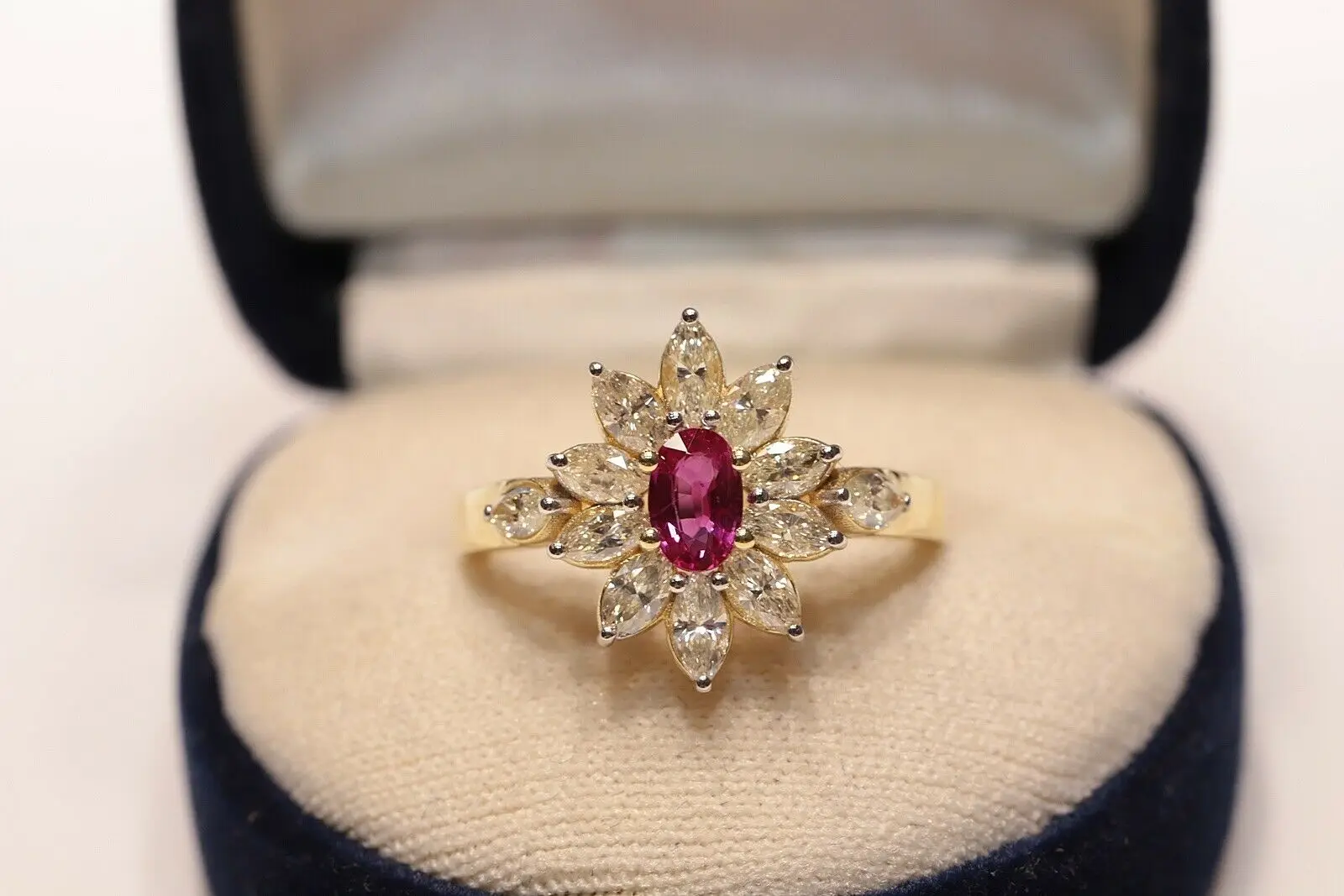 

VINTAGE NAVETTE 18K GOLD NATURAL DIAMOND AND RUBY DECORATED PRETTY STRONG RING