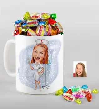 

Personalized Nurse Caricature Of mug And Haribo Fruitbons Candy Gift Seti-2