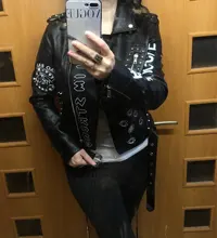 Jacket Punk Biker-Coat Rivets Leather Short Letters-Print Motorcycle Women Outwear Ailegogo