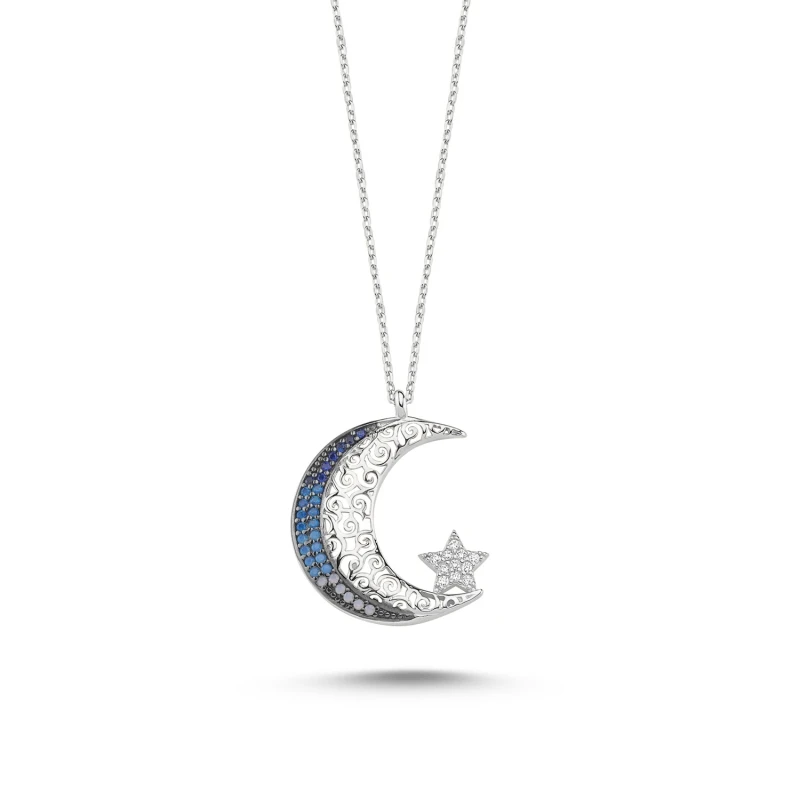 

Silver 925 Sterling Openwork Pattern and Blue Grayscale Nano Cubic Zirconia Moon Star Necklace