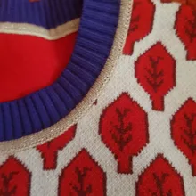 Las mujeres nuevo Vintage hoja de Jacquard cálido suéteres de manga larga o-Cuello Lurex jerséis de Navidad de punto otoño Tops Retro C-014