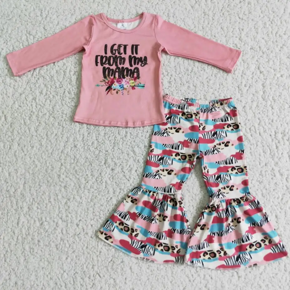 

RTS Baby girls long sleeve mama flower print tee shirt top bell bottom pants children fall boutique outfits 2pcs clothing sets