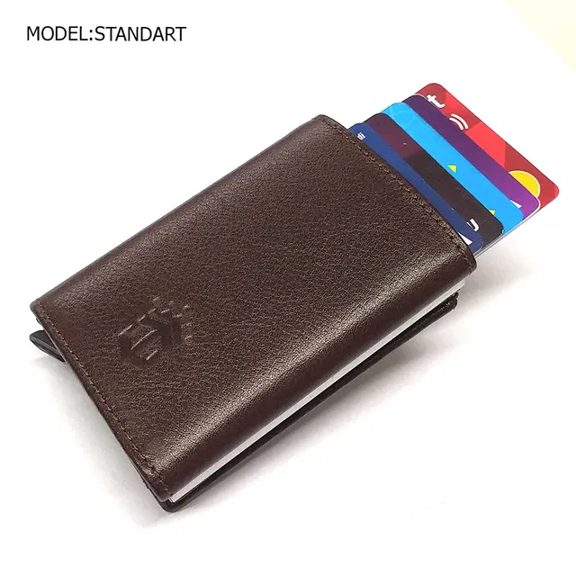 Smart Wallet Business Card Holder Real Cow Leather Handmade Smart Automatic Card Holder Men Gift Standart Coffee -1