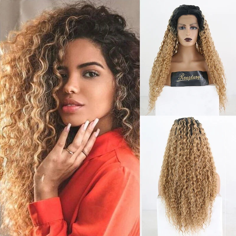 Resistentes ao Calor do Laço de Rongduoyi para as Mulheres Cabelo de Fibra Dianteira do Laço Peruca do Laço Perucas Encaracoladas Longa Peruca Sintético Ombre Cinza Blonded Cosplay