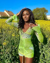 NIBBER-Vestido corto informal de neón con manga larga para verano, minivestido Sexy con estampado Retro para mujer, escote en V, 2021