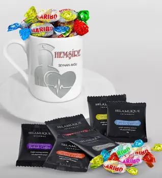 

Personalized Nurse Turkish coffee Cup Selamlique Mixed Turkish Coffee House and Haribo Candy Gift Set-4