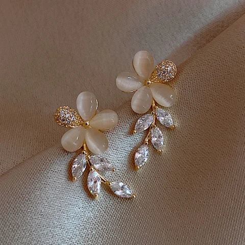 Korean Trendy Rhinestone Flowers Drop Earrings For Women Crystal Flower Moon Earring Elegant Female Temperament Jewelry