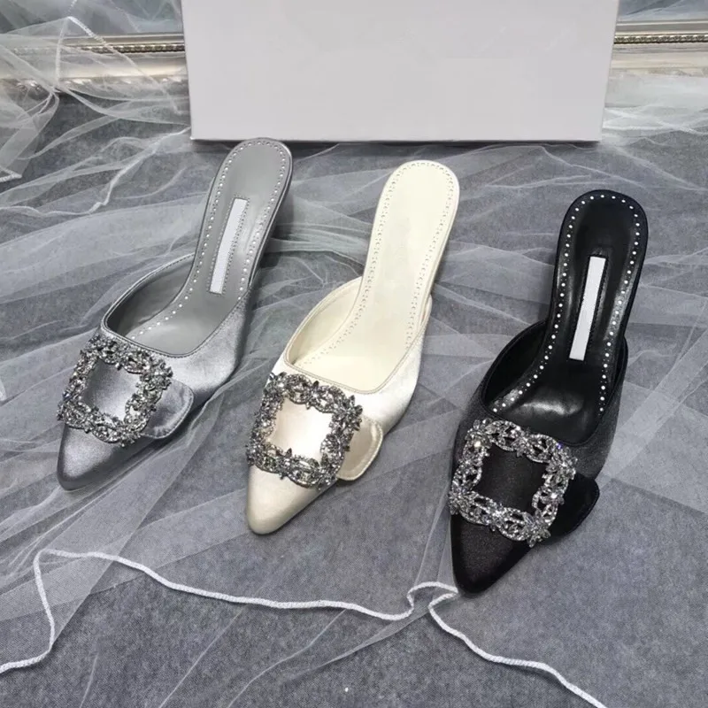 Spike Heels Slippers Women Mules Crystal Design Chaussures Femme Pointed Toe Summer Shoes Woman Slides Slip On Zapatos De Mujer